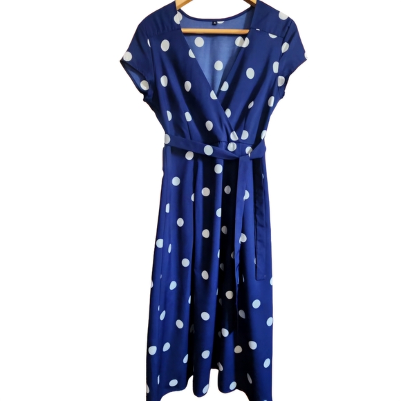 Womens M Clowncore Blue White Polka Dot Short Sleeve V-Neck Coquette Midi Dress - Picture 1 of 6
